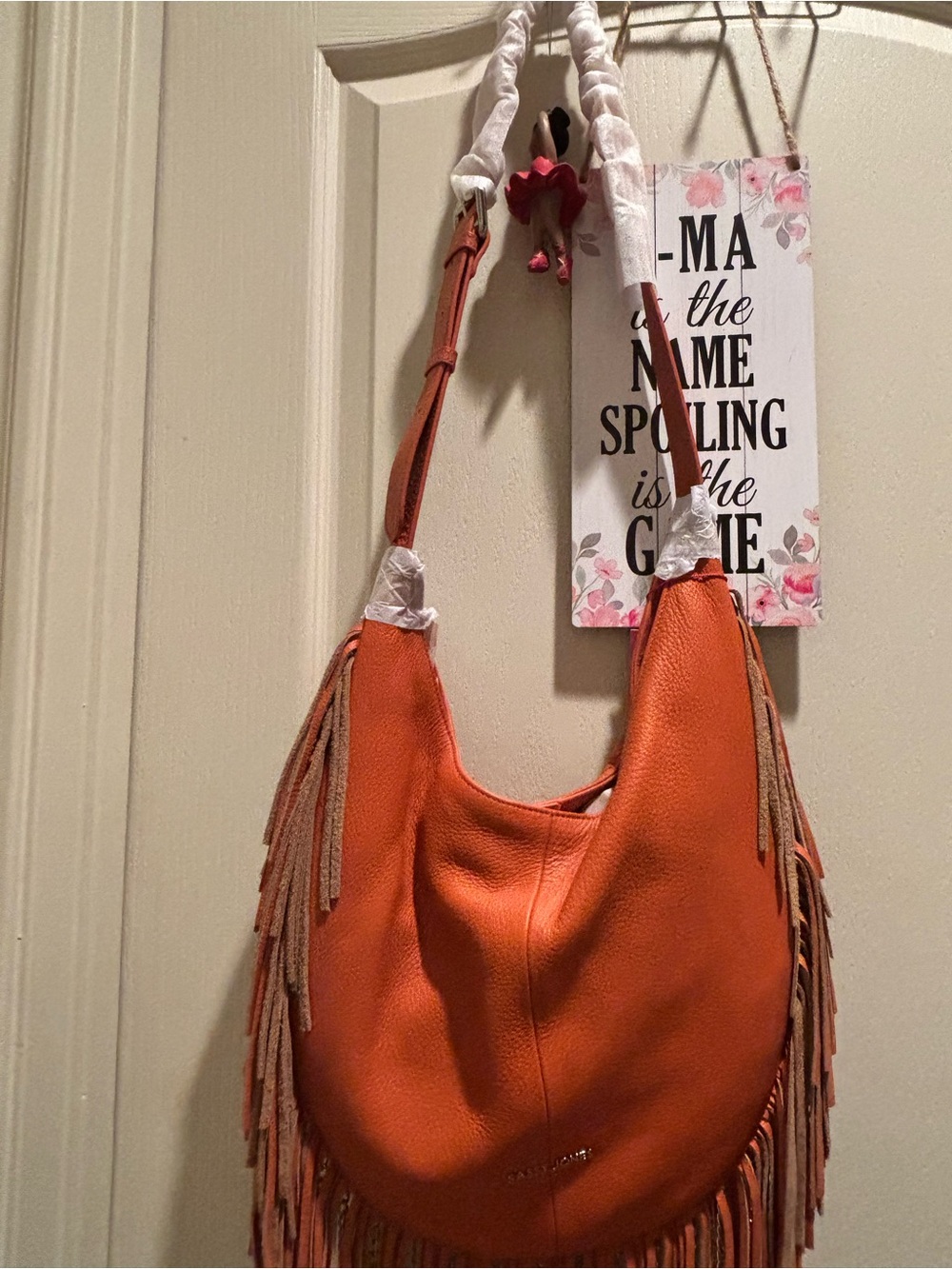 Sassy Jones Vibrant Orange Fringe Shoulder Hobo - Picture 3 of 4